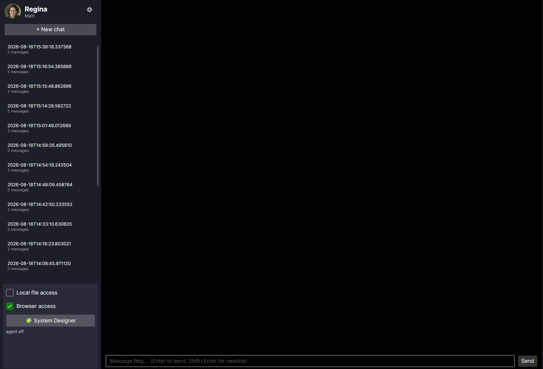 Reg chat workspace with per-user conversations and gated local file and browser access