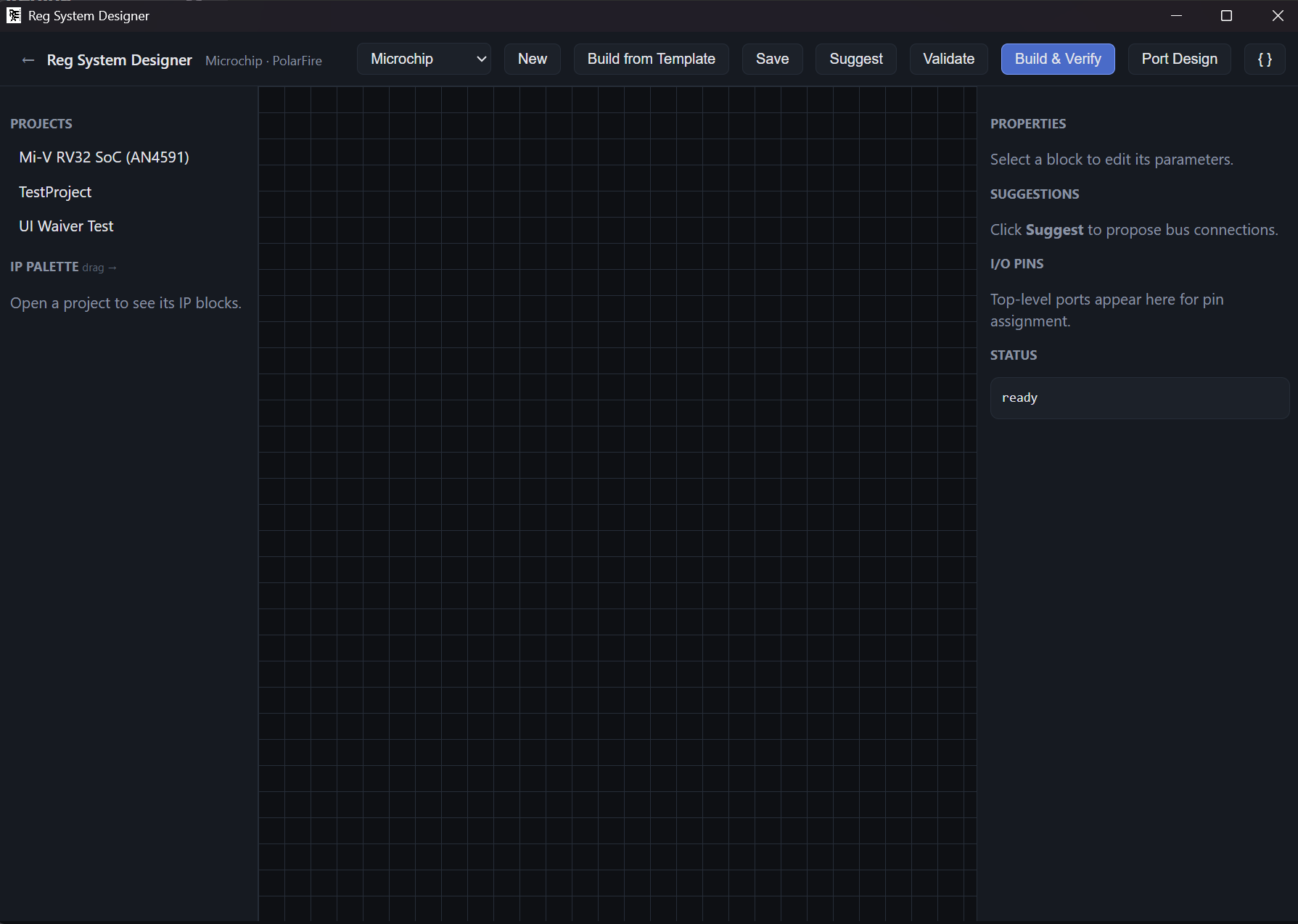 Reg System Designer targeting Microchip PolarFire, with build-from-template, validate, and build-and-verify controls